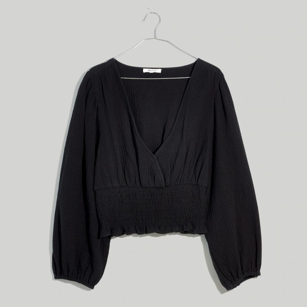 Madewell Julianne Cropped Smocked-Waist Top ~TRUE BLACK ~SMALL **NEW
